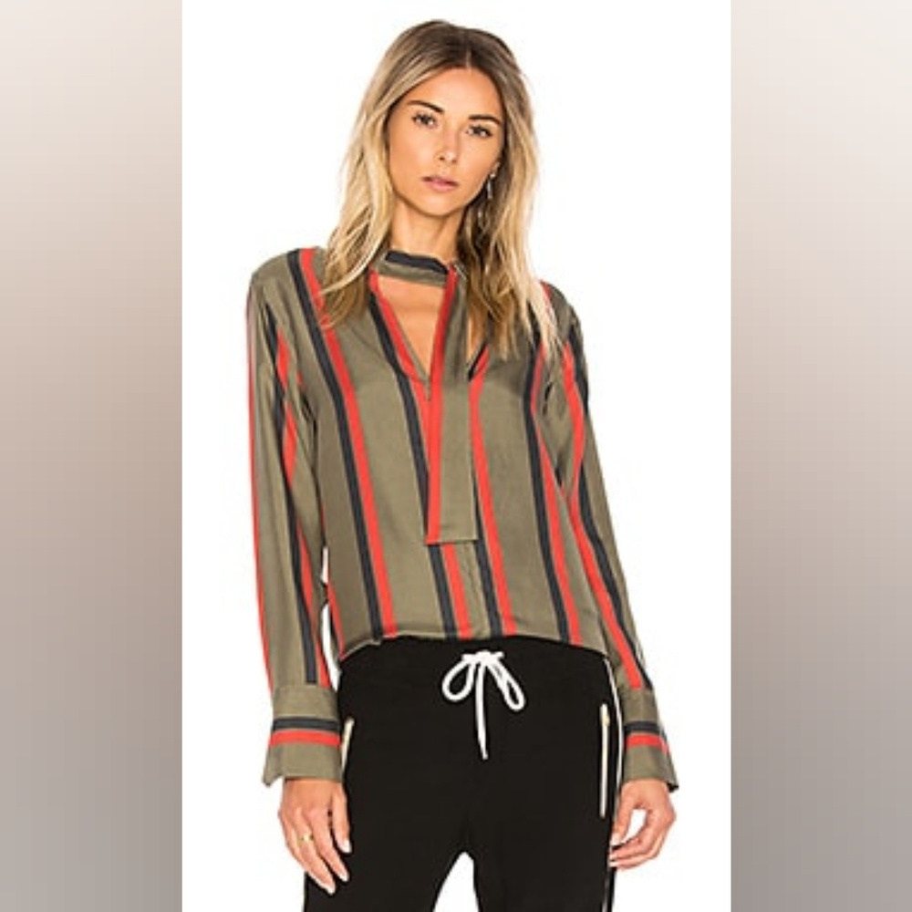 Equipment Olive Striped Tie-Neck Blouse with Red and Black Stripes